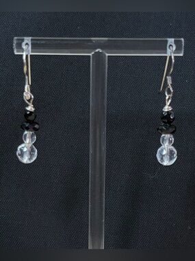 Sterling Silver Onyx and Crystal Artisan Hand Crafted Dangle Earrings